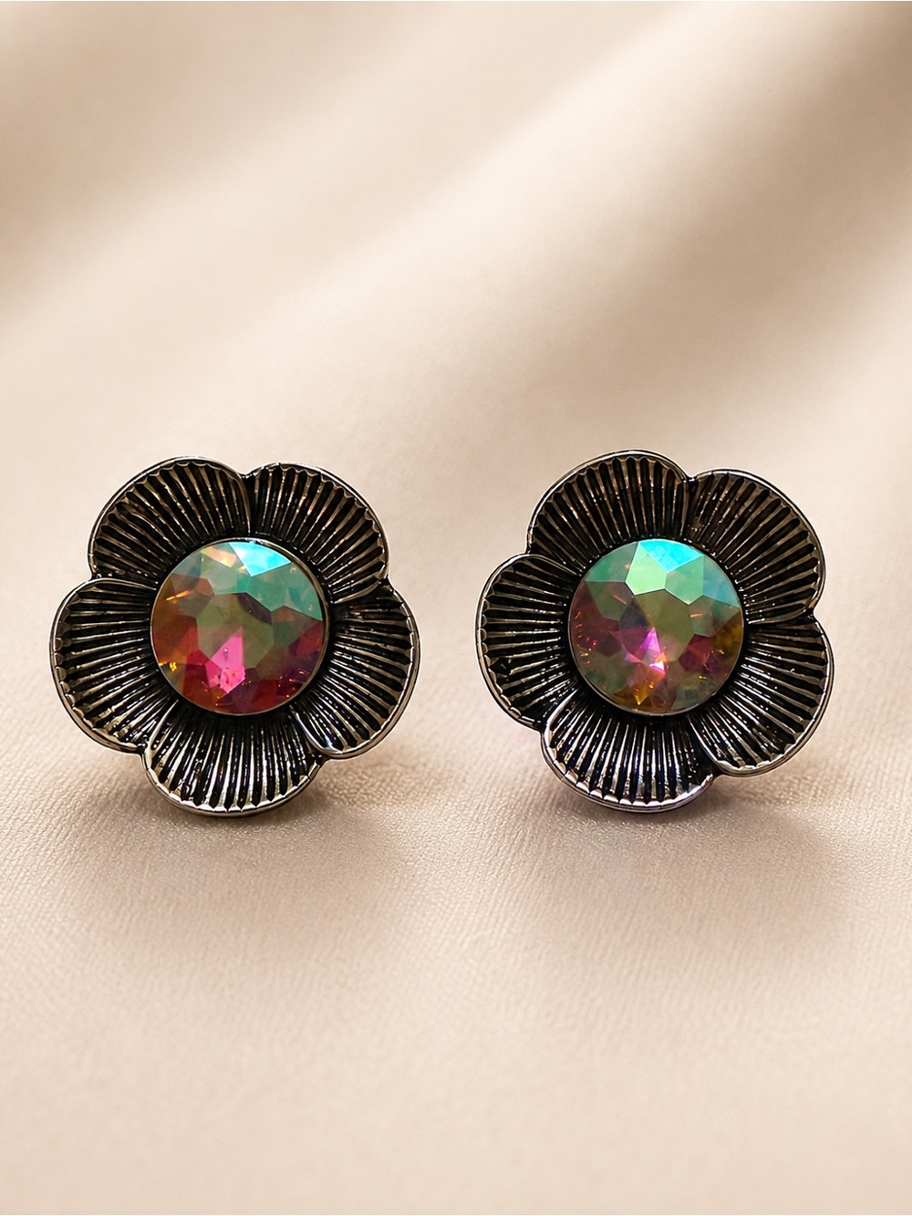 Silver Rustic Flower Earrings with AB Crystal Center